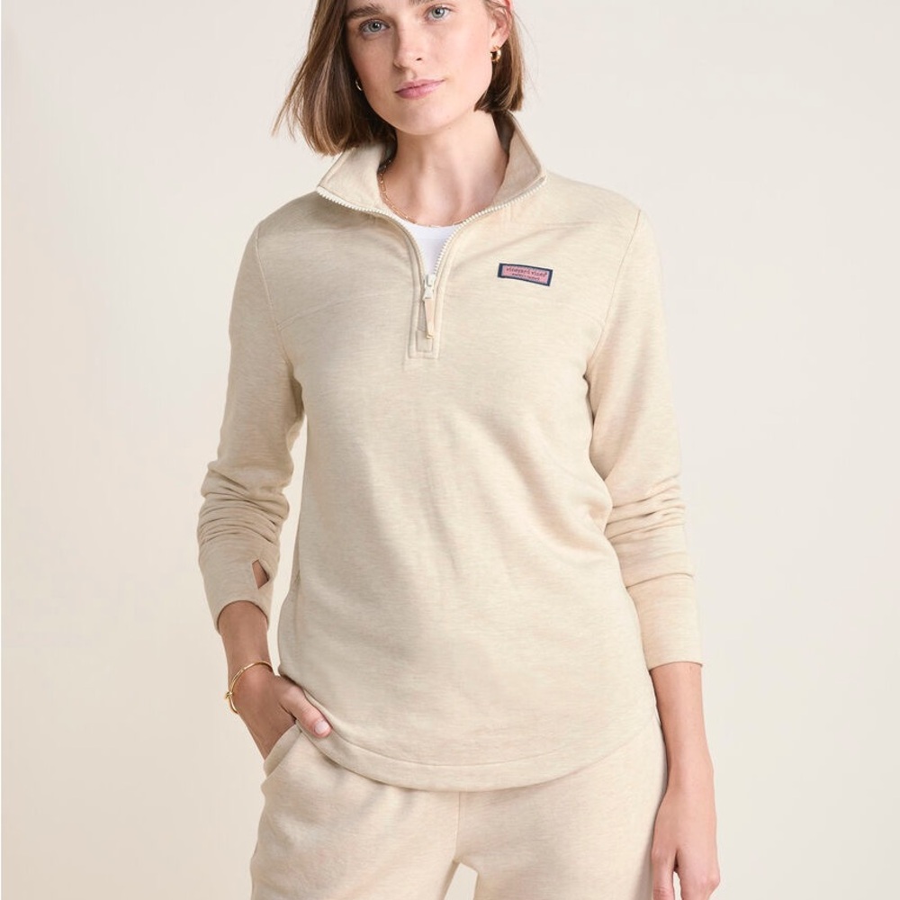 Vineyard Vines Women's Dreamscape Relaxed Shep Shirt Tan Quarter-Zip Heather Oat - Picture 3 of 8
